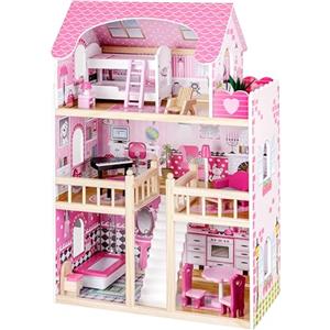 Baroni Toys Casa delle Bambole in Legno con 16 Accessori e Mobili Inclusi, Casa a 3 Livelli di Gioco con 6 Stanze, Giocattolo per Bambini e Bambine 3+ Anni, 90x59x30 cm