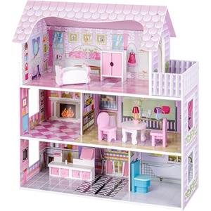 Baroni Toys Casa delle Bambole in Legno con 16 Accessori e Mobili Inclusi, Casa a 3 Livelli di Gioco con 6 Stanze, Giocattolo per Bambini e Bambine 3+ Anni, 70x60x24 cm