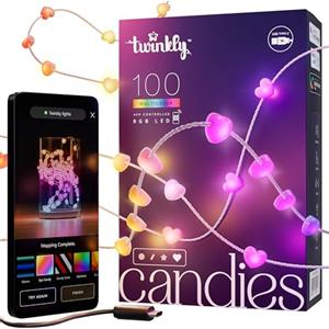 Twinkly Candies - Stringa di Luci di Natale con 100 LED RGB - Controllata da App e Alimentata Tramite USB-C - Decorazioni Natalizie per interni, 6 m, Cuore, Filo Trasparente