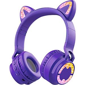 Viwind Cuffie per Bambini Over-Ear, Cuffie Bluetooth Wireless con Microfono, Cuffie Pieghevoli con Luce a led & Orecchio di Gatto Divertente, Mini SD/TF, Radio FM, Cuffie Morbide(Viola)