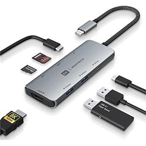 RSHTECH Hub USB C 7 in 1 con 8 K HDMI Alluminio USB C Docking Station, porte dati USB-C da 10Gbps e 2 porte dati USB-A, lettore schede PD e SD/TF da 100W hub USB C 3.2 Gen2, RSH-T02