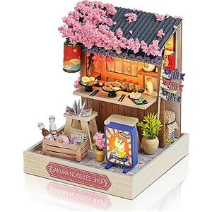 Cuteefun Miniature Casa delle Bambole DIY, Kit Case in Miniatura da Costruire Fai da Te con Mobili Copertura Antipolvere e Strumenti, Natale Halloween Regalo di Compleanno(Sakura Noodles Shop)
