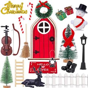 Killogood Accessori per porta gnomo, set di decorazioni natalizie, gnomo di Natale, in miniatura, in legno, con cassetta delle lettere, ghirlanda di albero di Natale