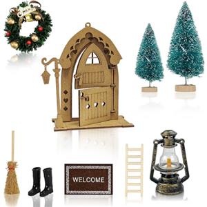 ZoneYan Porta degli Elfi Natale, 9 PCS Porta Elfo Natale Kit, Miniature Magica Casetta Elfo Natale, Porticina Elfo Natale Legno Accessori, Porta dell Elfo di Natale, Decorazioni Natalizie per Casa