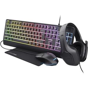 Trust Gaming GXT 792 Quadrox Kit 4-in-1 Mouse e Tastiera Gaming, Layout Italiano QWERTY, Cuffie con Microfono Leggere Jack Audio 3.5 mm, Tappetino, Bundle Pacchetto Gamer RGB per PC, Laptop - Nero