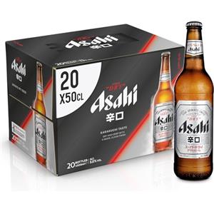 Asahi Super Dry Birra Premium Dry Lager, Cassa Birra con 20 Birre in Bottiglia da 50 cl, 10 L, Birra Giapponese dal Gusto Pulito, Secco e Rinfrescante, Gradazione Alcolica 5%