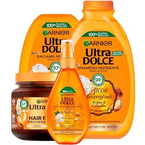 Garnier Ultra Dolce Shampoo + Balsamo + Maschera + Olio Spray Nutriente per Capelli Secchi e Spenti Gli Oli Meravigliosi Argan e Camelia Ravvivante Illuminante con Ingredienti Naturali - 4 Prodotti