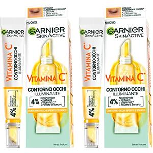 Garnier SkinActive Vitamina C Contorno Occhi Crema Illuminante per Occhi Spenti e Stanchi Formula Vegana con Niacinamide Caffeina e Polvere di Banana - 2 Flaconi da 15ml