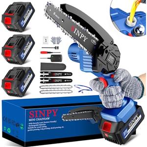 SINPY Mini Motosega a Batteria per Potatura con 3 x 5000mah Batterie e Caricatore Rapido, 6 Pollici Sega Con Pompetta Olio e Blocco di Sicurezza per il Taglio del Legno e Giardini(6'' Blu)