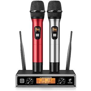 TONOR Microfono wireless UHF doppio senza fili, sistema a mano, set per karaoke, feste, DJ, chiesa, matrimonio, riunione, lezione, TW820, Rosso
