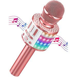 MicQutr Microfono Karaoke Bluetooth, Microfoni Karaoke Wireless con LED Flash, Portatile Karaoke Player Bambini, Altoparlante, Cambia Voce, per KTV/Casa/Festa/Canto, Compatibile con Android/iOS (Oro rosa)