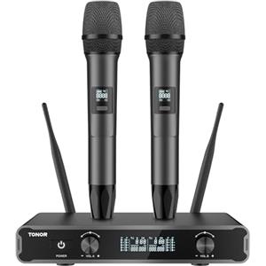 TONOR Microfoni senza fili, Cordless Dual Handheld Dynamic Karaoke Singing Mic System con Ricevitore per Karaoke, Home KTV, Matrimonio, Festa, Chiesa, 2x5 UHF Frequenze Regolabili, 60M TW450 Grigio