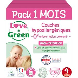 Love & Green - Pannolini per neonati sani ed ecologici - Taglia 4 (7-14 Kg) - Confezione da 1 mese (184 Pannolini) - Assorbente, anti-perdite e senza ingredienti indesiderati