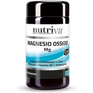 Nutriva Magnesio Ossido, Integratore Alimentare a base di Magnesio, Vitamina B6 e Orthosiphon, 50 compresse. Drenante, utile al drenaggio dei liquidi corporei. Vegan, C2P® Tech