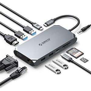 ORICO USB HUB Docking Station, ORICO 12 in 1 Adattatore USB C, con 4 K HDMI, 100 W Power Delivery, 1 Gbps Ethernet, 4 porte dati USB 3.0, lettore di schede SD e microSD, 1080P VGA, audio 3,5 mm