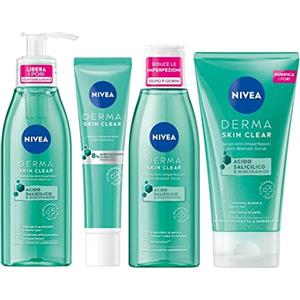 NIVEA Special Pack Derma Skin Clear Anti Imperfezioni, Detergente viso gel 150ml + Peeling viso notte 40ml + Scrub viso e corpo 150ml + Tonico viso astringente 200ml