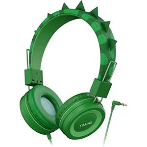 SIMJAR Dinosaur Kids - Cuffie con microfono per scuola, limitatore del volume 85/94dB, over-ear per ragazze e ragazzi con cuffie cablate pieghevoli per iPad/viaggi/tablet (verde)