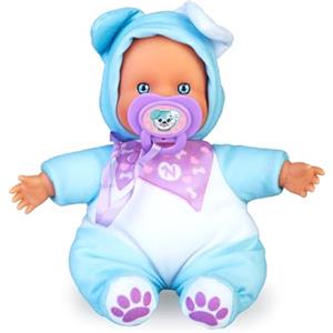 Nenuco Doggies - Bambola morbida 15 cm con vestito da cagnolino: vestito di colore azzurro, con orecchiette e ciuccio personalizzato, Famosa, (NFN82200)