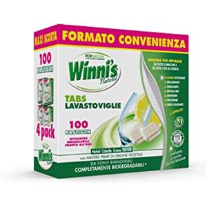 Winni's - Pastiglie per Lavastoviglie, 100 Tabs, Detersivo Multiazione Detergente, Sgrassante, Antiodore e Brillantante, Fragranza di Limone, con Materie Prime di Origine Vegetale, Confezione da 4