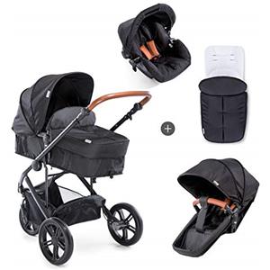 Hauck Passeggino Completo 3 Ruote Pacific 3 Shop N Drive Navicella Convertibile in Seduta Reversibile, Ovetto e Copri Gambe Incluso, Regolabile In Altezza, Grandi Ruote, Leggero, Nero