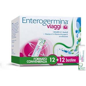 Enterogermina Viaggi, Vitamina b12, Vitamina d, Fermenti Lattici, Probiotici, Integratori Equilibrio Flora Intestinale in Viaggio, aiuto per Stanchezza e Sistema Immunitario (24 Bustine Gusto Fragola)