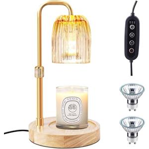 LAOPAO Lampada elettrica a LED per candele, in vetro, in metallo, dimmerabile, regolabile in altezza con presa e timer e 2 lampadine, base in legno, riscaldamento a cera, luce calda per cucina, Home Bedside