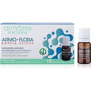 Armores Natura Integratori Alimentari, Armo-Flora, per l'Equilibrio della Flora Intestinale e la Riduzione del Gonfiore Addominale, con Probiotici, Melissa, Anice e Finocchio, Vegano, 10 Flaconcini