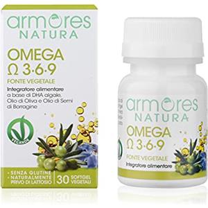 Armores Natura Integratori Alimentari, Omega 3-6-9, Integratore per il Benessere Cardiovascolare, a Base di DHA Algale, Olio di Oliva e Olio di Semi di Borragine, Vegano, 30 Softgel Vegetali