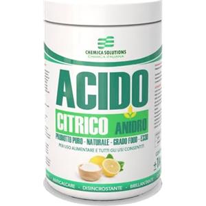 CHEMICA SOLUTIONS Acido Citrico ANIDRO 100% E330 Naturale Multifunzione, Detersivo pavimenti, Pulizia Calcare lavatrice,Brillantante Decalcificante,Alimentare Barattolo da 1 Kg