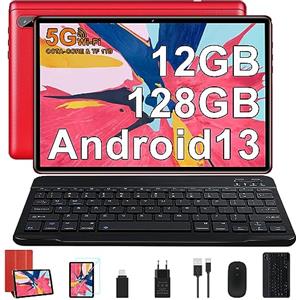FACETEL Tablet 10 Pollici Android 13 Tablet 12GB RAM+128GB ROM (TF 1TB), Tablets PC 5G+2.4G WiFi Octa-Core 2.0 GHz Batterie 6000mAh, Doppia Camera, Bluetooth 5.0, Tablet con Tastiera e Mouse - Red