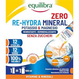 equilibra Potassio e Magnesio, Re-Hydra Mineral Zero, 12 Stick, Gusto Arancia, Senza Zuccheri, Integratore Magnesio, Potassio, Sodio per Reintegro Sali e Reidratazione, Senza Glutine e Lattosio