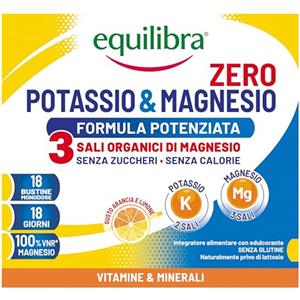 Equilibra Integratori Alimentari, Potassio e Magnesio Zero - 3 Formula Potenziata, Integratore Magnesio e Potassio Senza Zucchero e Calorie, Reintegro Sali Minerali, Gusto Arancia Limone, 18 Bustine