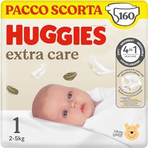 Huggies Extra Care Bebè, Pannolini Taglia 1 (2-5Kg), Ultra assorbente, Pacco Scorta, 160 Pz