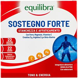 equilibra Integratori Alimentari, Sostegno Forte, Integratore con Creatina, Arginina, Vitamine C, B1, per Incrementare le Prestazioni Fisiche, con Succo Concentrato di Arancio, 22 Bustine Monodose