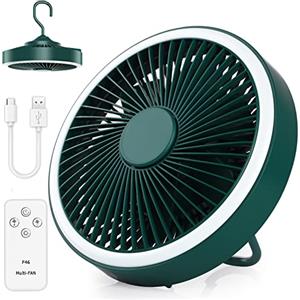 GeeRic Ventilatore da Tavolo,GeeRic Ventilatore da Soffitto con Luce+Telecomando Silenzioso Appeso Pieghevole 270°Regolabile 3 Marcia Velocità/2 Luce Potente 4000 mAh Tenda Ventilatore a Ufficio Viaggi Verde