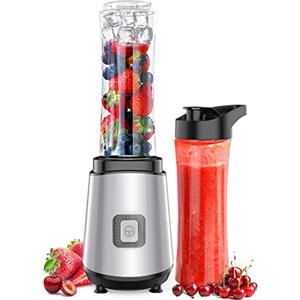 Horett Mini Frullatore Portatile 400W, Frullatore Elettrico per Frutta con 2 Bottiglie da 600ml, Senza BPA, 4 Lame in Acciaio Inox, Blocco Sicurezza, Pulsante con Solo Tocco, 27,000 RPM, Argento