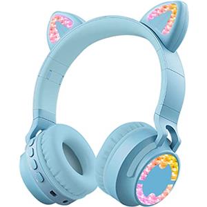 Viwind Cuffie per Bambini Over-Ear, Cuffie Bluetooth Wireless con Microfono, Cuffie Pieghevoli con Luce a led & Orecchio di Gatto Divertente, Mini SD/TF, Radio FM, Cuffie Morbide(Blu)