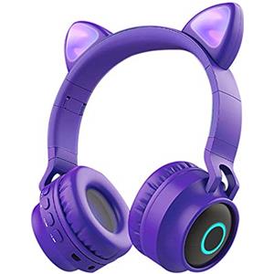 Funwaretech Cuffie per Bambini Over-Ear, Cuffie Bluetooth Wireless con Microfono, Cuffie Pieghevoli con Luce a led & Orecchio di Gatto Divertente, Mini SD/TF, Radio FM, Cuffie Morbide (Viola)