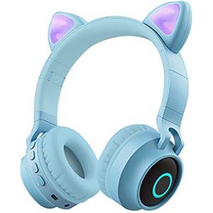 Funwaretech Cuffie per Bambini Over-Ear, Cuffie Bluetooth Wireless con Microfono, Cuffie Pieghevoli con Luce a led & Orecchio di Gatto Divertente, Mini SD/TF, Radio FM, Cuffie Morbide -Azzurro/Blu