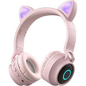 Funwaretech Cuffie per Bambini Over-Ear, Cuffie Bluetooth Wireless con Microfono, Cuffie Pieghevoli con Luce a led & Orecchio di Gatto Divertente, Mini SD/TF, Radio FM, Cuffie Morbide -Rosa