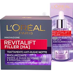 L'OREAL PARIS L'Oréal Paris Siero Viso Revitalift Filler Azione Rimpolpante + Revitalift Filler Crema Trattamento Viso Notte Anti-Rughe Rivolumizzante - 2 Trattamenti con Acido Ialuronico