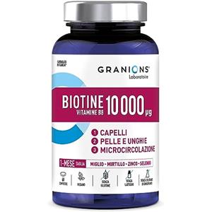 Granions Biotina 10 000 µg, CAPELLI, PELLE E COLLO, MICROCIRCOLAZIONE, Vitamine B5 e B8, Mirtillo, Zinco, Selenio, senza glutine, senza lattosio, 60 compresse