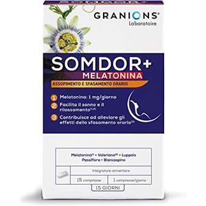 Granions Somdor+ Melatonina, Facilita il Sonno, Rilassamento, Addormentamento, Melatonina (Dosaggio Ottimale), JetLag |15 Compresse = 15 Giorni, Integratore Alimentare