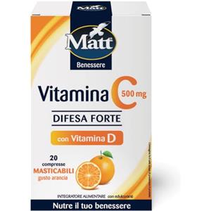 Matt - Integratore Vitamina C 500 - Integratore per Difese Immunitarie a Base di Vitamina C e Vitamina D, in Compresse Gusto Arancia - Riduce Stanchezza e Affaticamento - 20 Compresse (22 g)