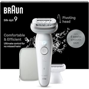 Braun Silk-épil 9 Depilatore Donna, Epilatore Elettrico Donna Con Testina Flessibile, Wet & Dry, Pelle Liscia a Lungo, Con Testina Per Rasoio Donna e Cappuccio Rifinitore, 9-041, Bianco/Argento