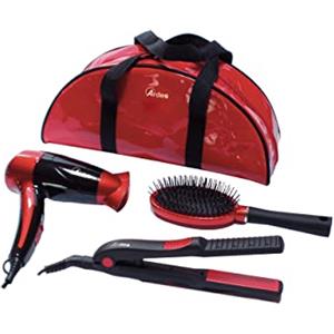 Ardes Medicura ARM350 Beauty Set per Capelli da Viaggio in Borsa Pochette, Mini Phon + Piastra Ceramica + Spazzola, Rosso Nero