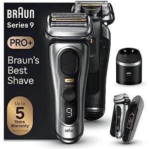 Braun Series 9 PRO +, Rasoio Elettrico Barba, Rifinitore di precisione, con PowerCase, Lame Flessibili, SmartCare,Wet & Dry, Batteria Litio, Idea Regalo, Festa del Papà, 9577cc Argento