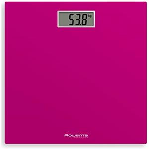 Rowenta Premiss 2 Bilancia Pesapersone Digitale, Vetro Temperato, Graduazione di Precisione Ogni 100g, Funzioni Intelligenti, Ampio Display, Batteria Inclusa, Fucsia, 30x30cm