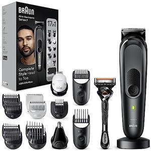 Braun Rasoio Elettrico Barba e Capelli, Regolabarba Tagliacapelli Uomo, 17-in-1 Styling Kit Per Barba, Capelli, Corpo, Naso e Orecchie, 100 Minuti Di Utilizzo, MGK7491 Nero