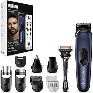 Braun Rasoio Elettrico Barba e Capelli, Regolabarba Tagliacapelli Uomo, 11-in-1 Styling Kit Per Barba, Capelli, Corpo, Naso e Orecchie, 100 Minuti Di Utilizzo, MGK7450 Blu